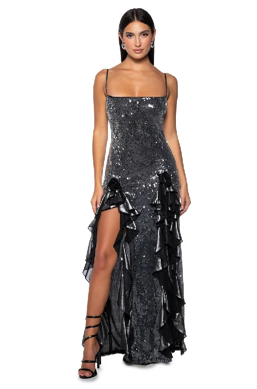 METALLIC DREAMS SEQUIN RUFFLE MAXI DRESS Tunics Versatile stylish