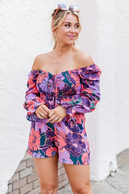 A New Look Purple Floral Printed Smocked Bust Long Sleeve Romper FINAL SALE Tunics Chic fashionable