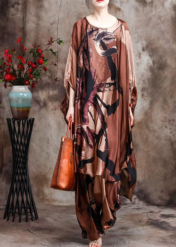 Baggy Coffee Print Silk Dress And Wide Leg Pants Two Piece Suit Set Batwing Sleeve Formal Stretch Pants