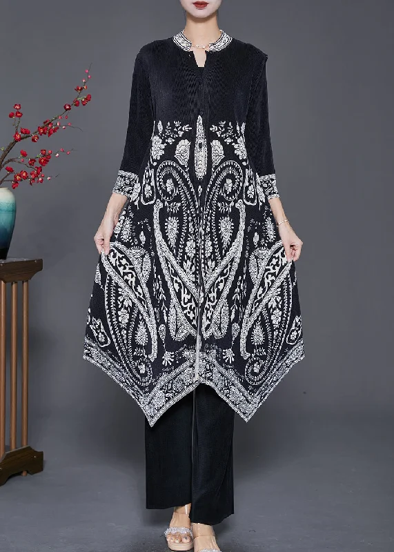 Black Print Silk Dress And Pant Two Piece Set Outfits Asymmetrical Fall Classic Stretch Pants