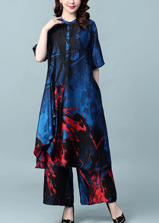 Blue Print Silk Dress And Wide Leg Pants Two Piece Set Outfits Stand Collar Button Summer Casual Drawstring Pants