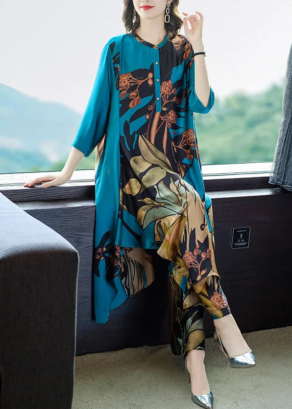 Elegant Blue O-Neck Print Chiffon Dress And Pants Two Pieces Set Three Quarter sleeve