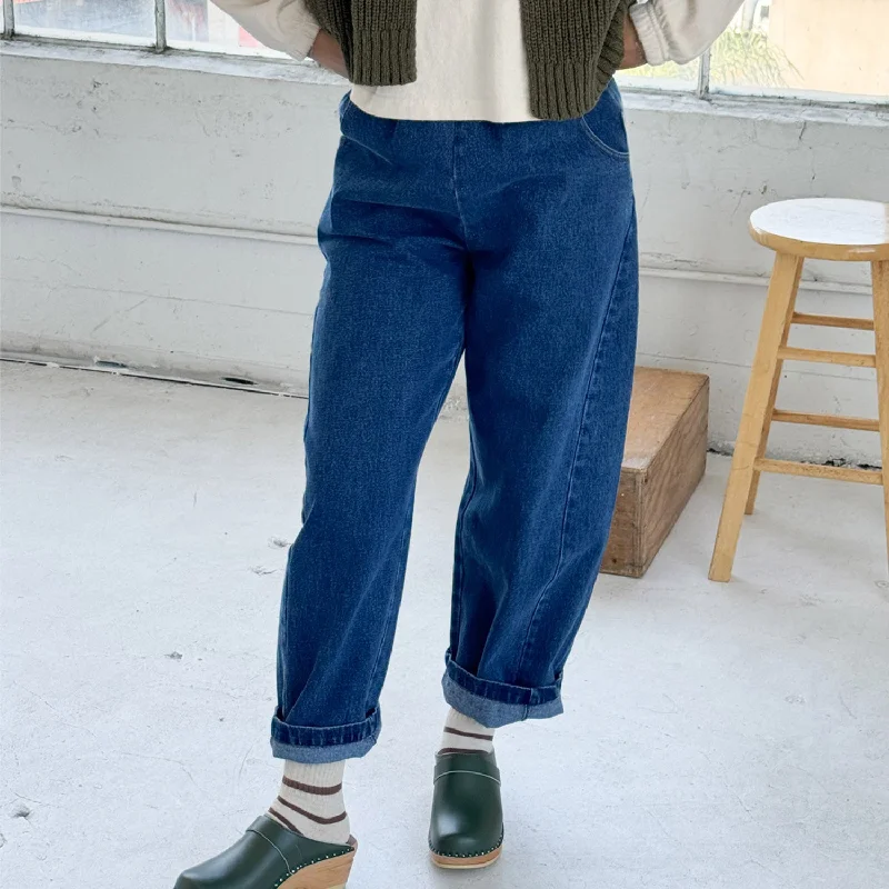 Womens Cotton Arc Pants - Blue Denim Elegant High-Waist Pants