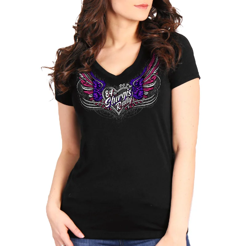 2024 Sturgis Motorcycle Rally Flag Heart Angel Ladies Black Tee Shirt SPL1876