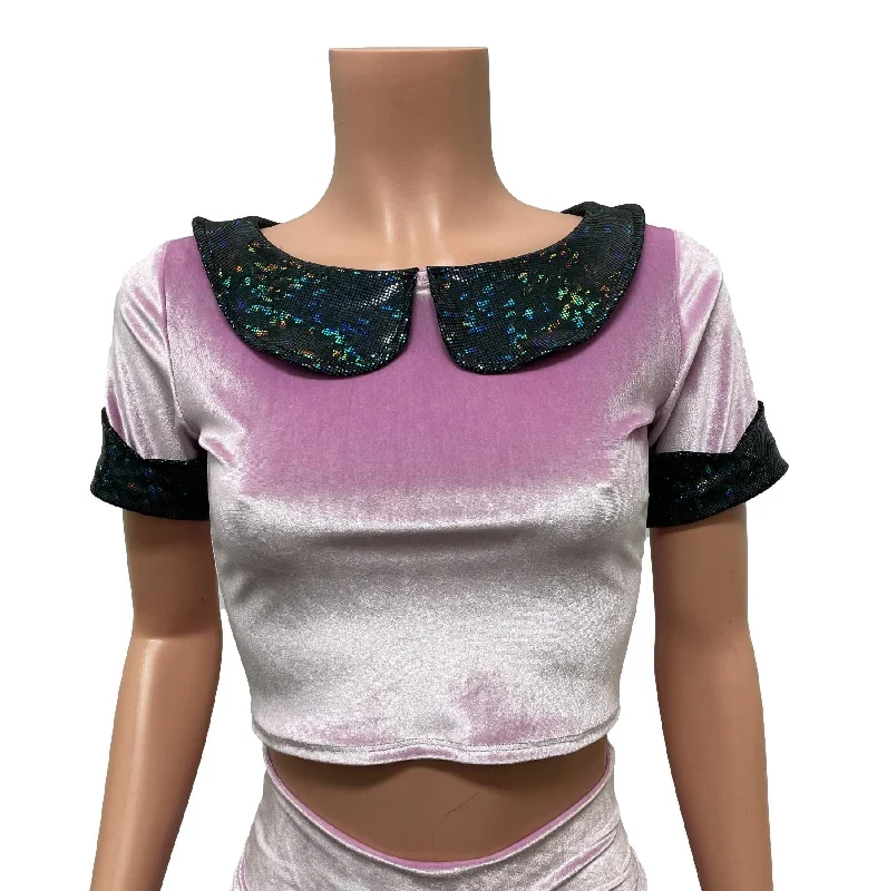 Lilac Velvet Petal Collared Crop Top