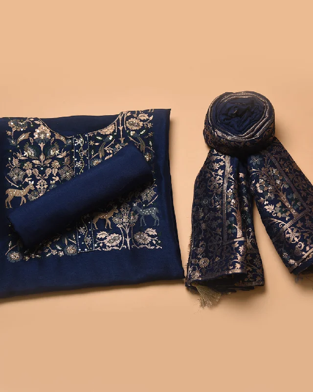 Blue Silk Viscose Blend Woven With Embroidery Unstitched Suit Fabric Set With Silk Woven Dupatta