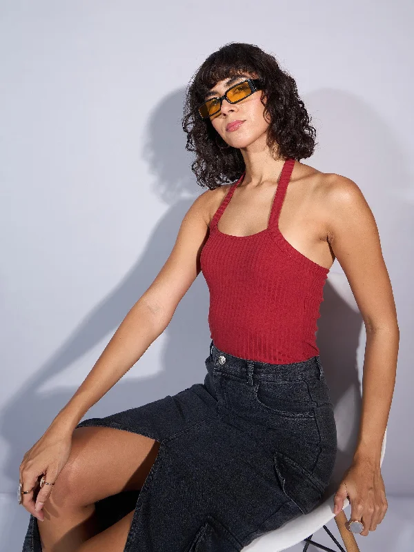 Women Rust Rib Halter Neck Top