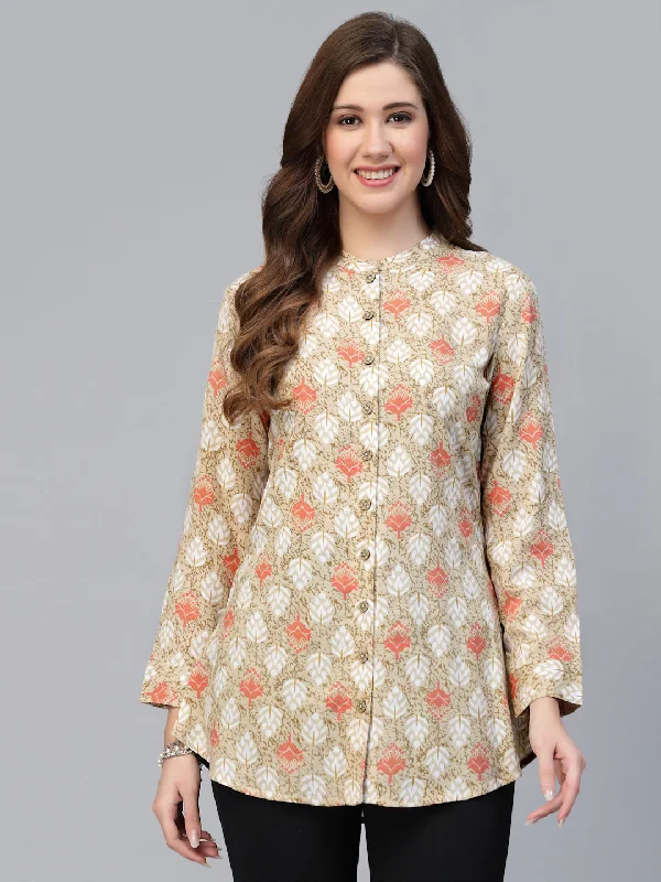 Beige Rayon Printed Shirt