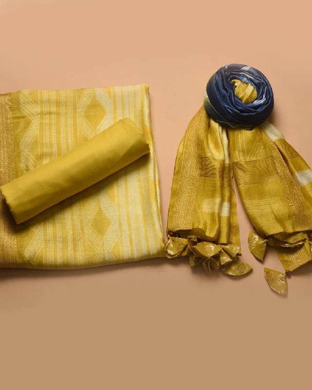 Yellow With Blue Chanderi Shibori Dyed Unstitched Suit Fabric Set With Chanderi Shibori Dupatta