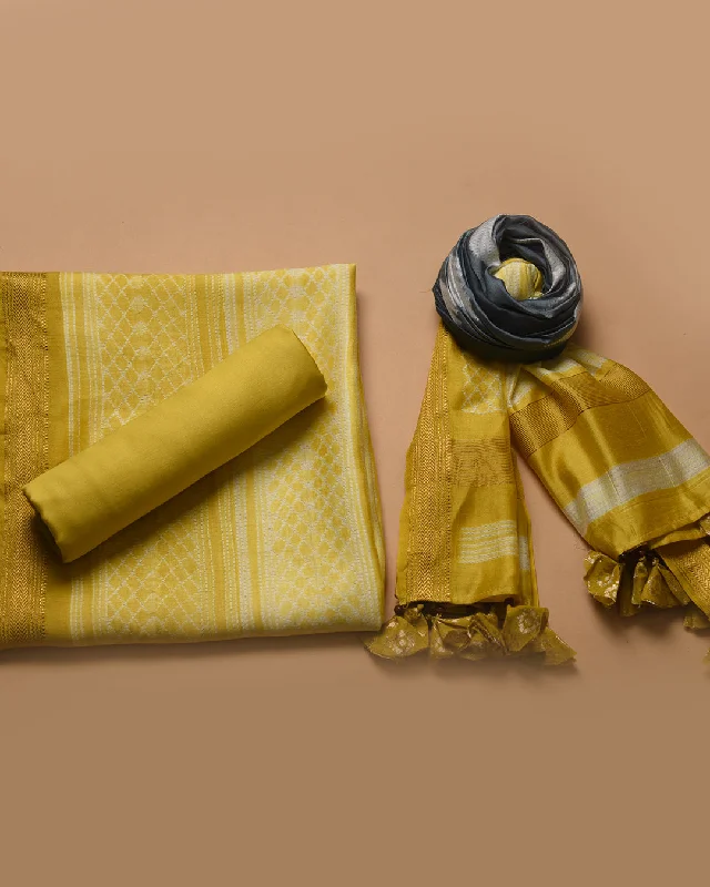 Yellow With Gray Chanderi Shibori Dyed Unstitched Suit Fabric Set With Chanderi Shibori Dupatta