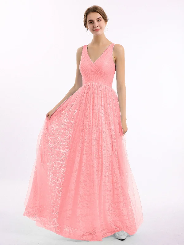 V neck Lace Lining And Tulle Dresses Flamingo