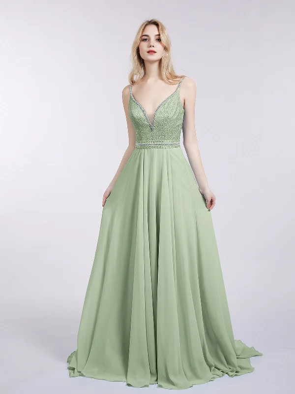 Spaghetti Strap Lace and Chiffon Gown-Dusty Sage