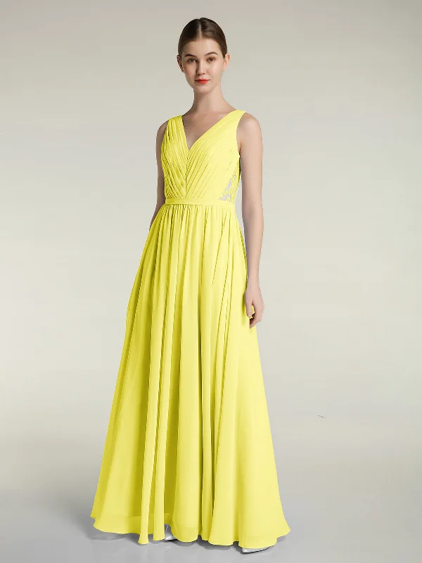 V-neck Chiffon Dresses with Lace Back-Lemon