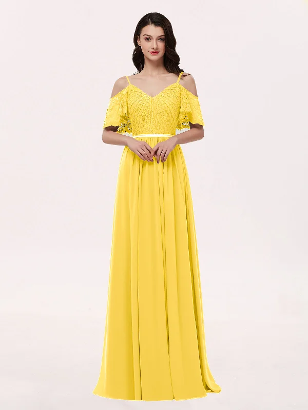 Spaghetti Strap Lace and Chiffon Dress Marigold