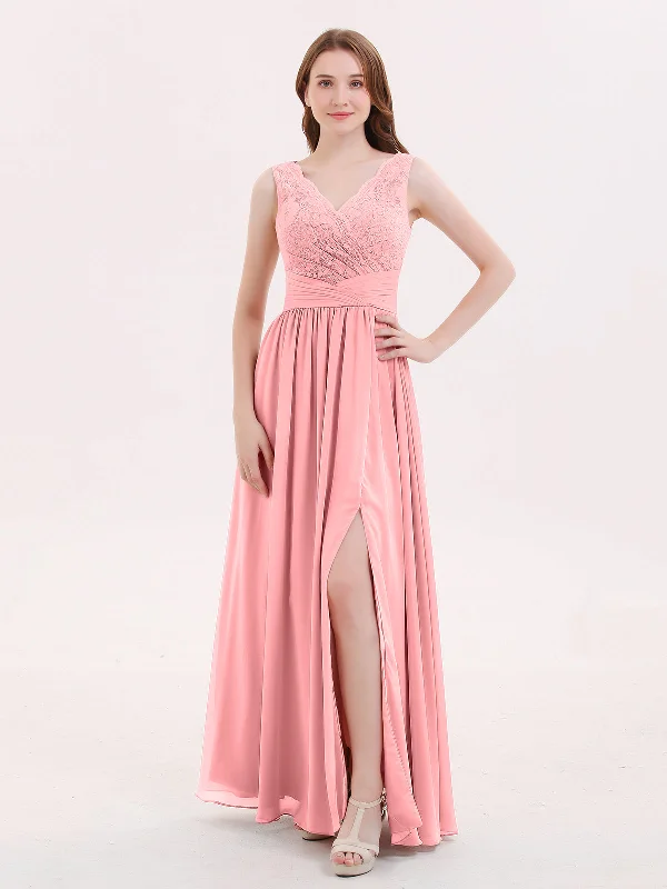 V Neck Chiffon And Lace Dress with Slit Flamingo
