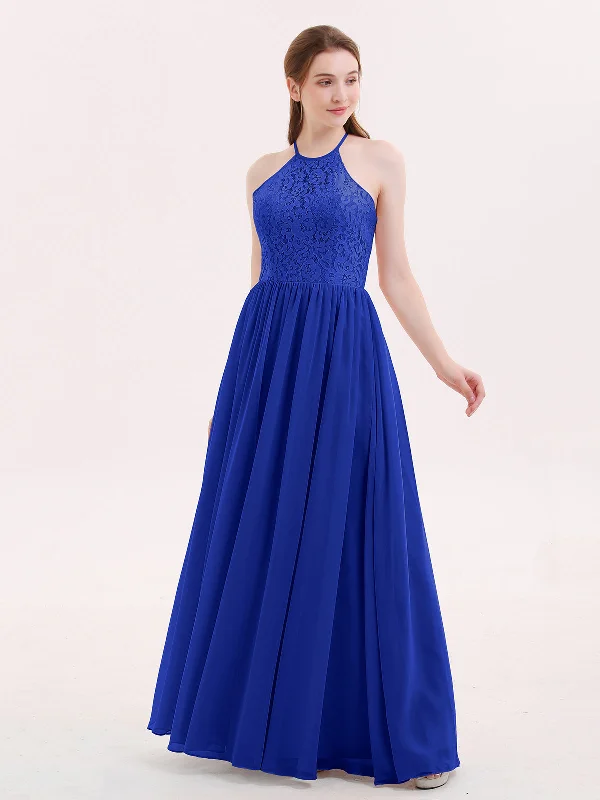 Halter Long Gown with Lace Bodice-Royal Blue