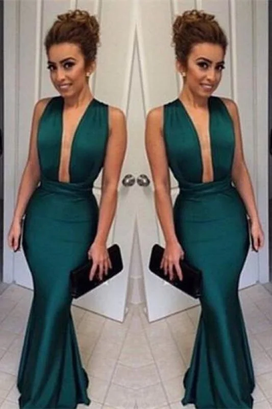 Bridelily Dark Green Mermaid Prom Dresses 2019 Deep V Neck Long Sexy Evening Gowns
