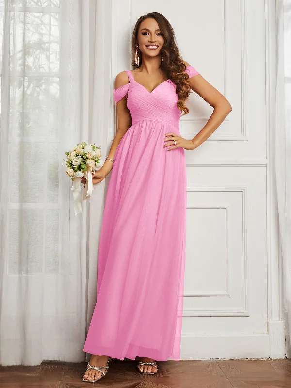 Cap Sleeve Tulle Ruched Floor-length Dress Candy Pink