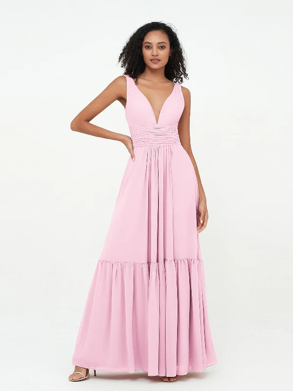 Deep-V Neck Chiffon Tiered Skirt Boho Dresses-Candy Pink