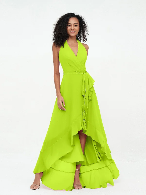 Halter Deep-V Neck Chiffon Asymmetrical Dresses-Lime Green
