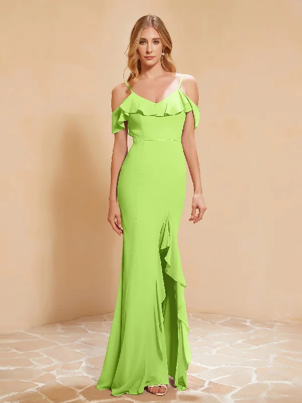 Ruffle V-neck Flutter Sleeves Mermaid Chiffon Dress Lime Green