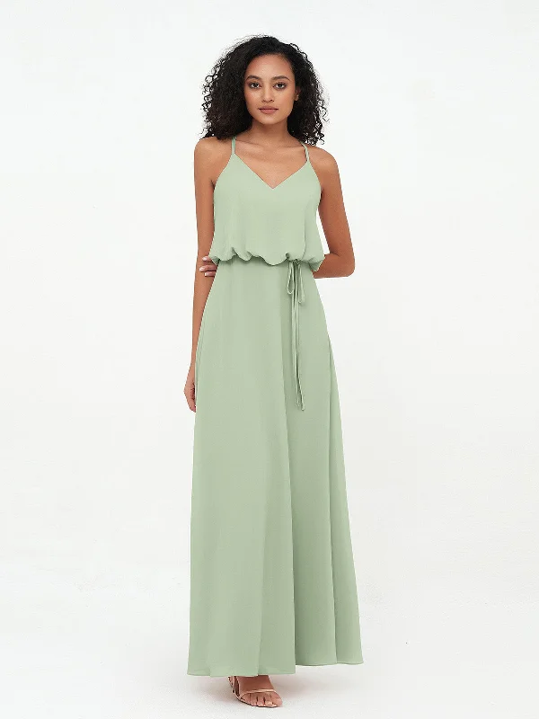Spaghetti Staps V-neckline Chiffon Gowns-Dusty Sage