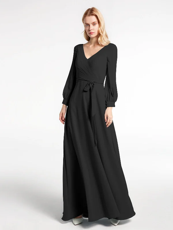 V-neck Bishop Sleeves Chiffon Dress with Bow-Black