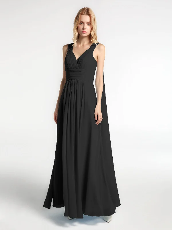 V-neck Chiffon Gown with Streamer at Back Strap-Black